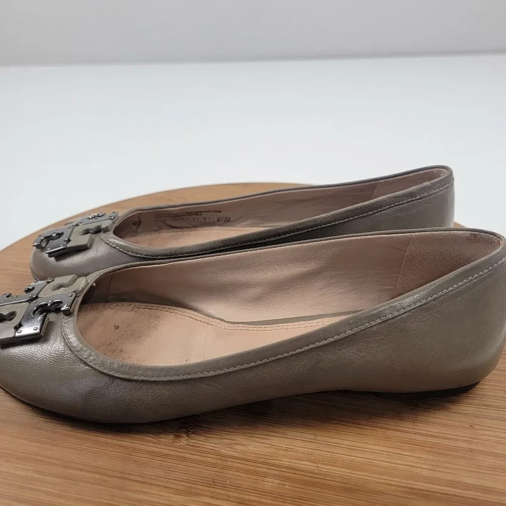 Tory Burch Taupe Leather Logo Ballet Flats